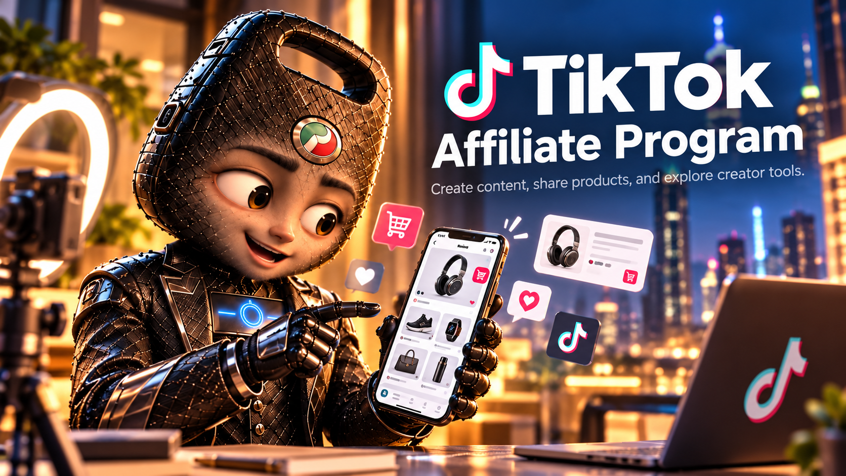 3D 卡通车钥匙角色使用手机探索 TikTok Affiliate Program 的内容创作场景
